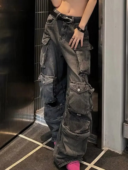2025 Autumn Winter Large Pocket Women's Denim Trousers Washable Gradient Workwear Parachute Pants Jeans High Waist Long Pants
