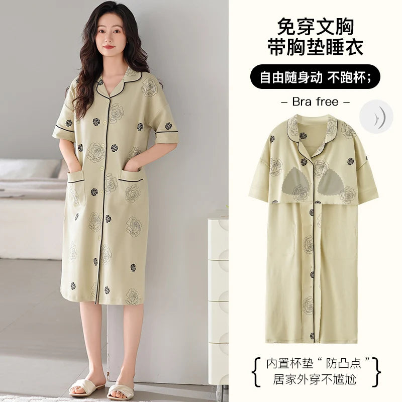 Newest M-5XL Women Short Sleeve Nightdress With Chest Pad Female Knited Cotton Nightwear Sleepdress