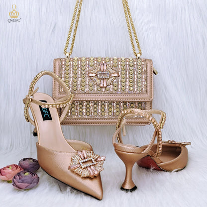QSGFC High Quality Women's Pumps And Bag Silver Color Full Of Rhinestones High-Grade Materials For Nigerian Wedding Party