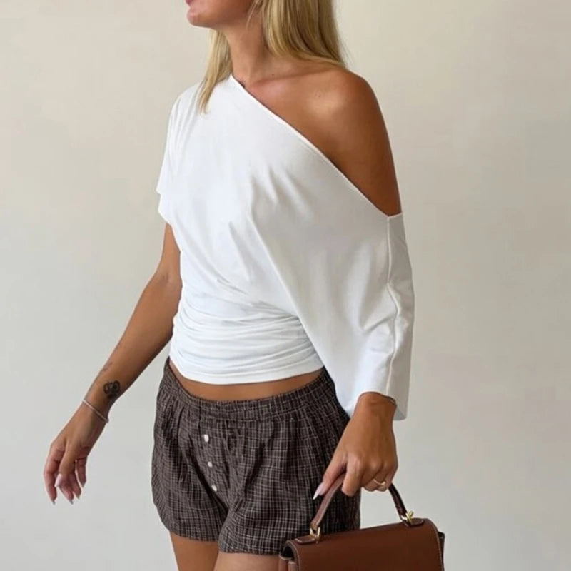 Solid One Shoulder T-shirt Women Tops 2026 Summer Short Sleeve Crop Top Off Shoulder T Shirts Party Basic Casual Y2k Tops Tees