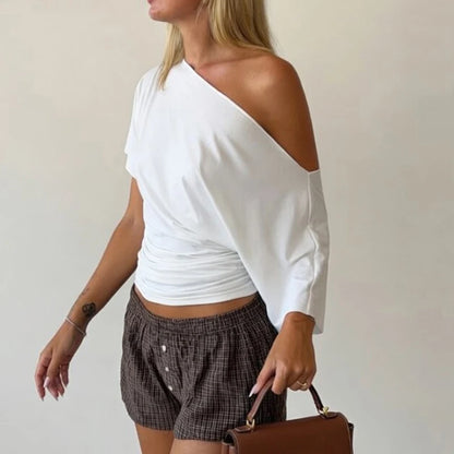 Solid One Shoulder T-shirt Women Tops 2026 Summer Short Sleeve Crop Top Off Shoulder T Shirts Party Basic Casual Y2k Tops Tees