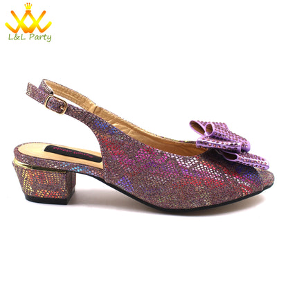 Pink New Arrivals Nigerian Women Shoes and Bag Set Italian Design Low Heels with Crystal Peep Toe Sandals for Party