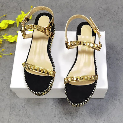 Rivet Platform Women Sandals Chunky Thick High Heels 5CM Waterproof Open Round Toe Golden Patchwork Summer Luxury Fashion Style