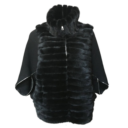 Women's Natural Mink Fur Jacket Coat, Wool Sleeve, Zipper, Bat Sleeve, Casual Short Vest, Designer, Autumn, Winter,  21A0901