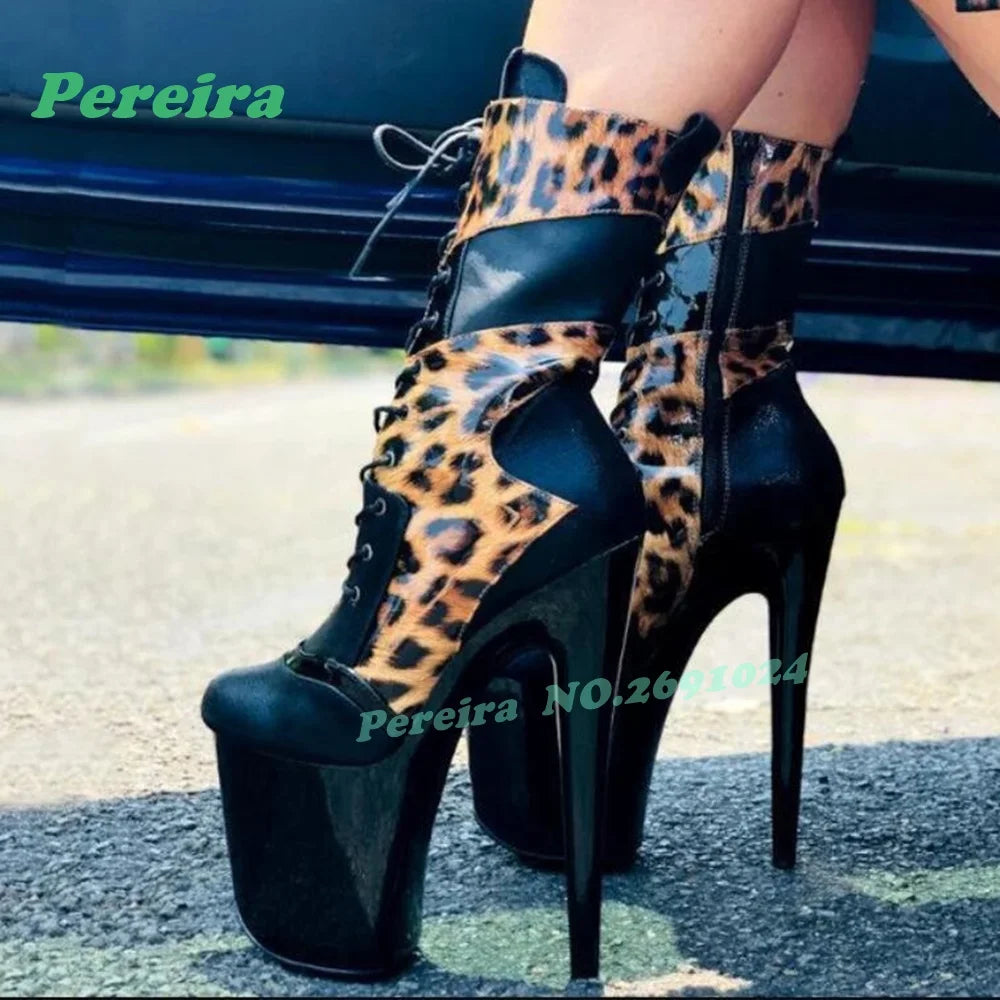 Leopard Print Platform Ankle Boots Round Toe Stiletto High Heels Lace-Up Women's Boots Patchwork Winter Casual Shoes Luxury