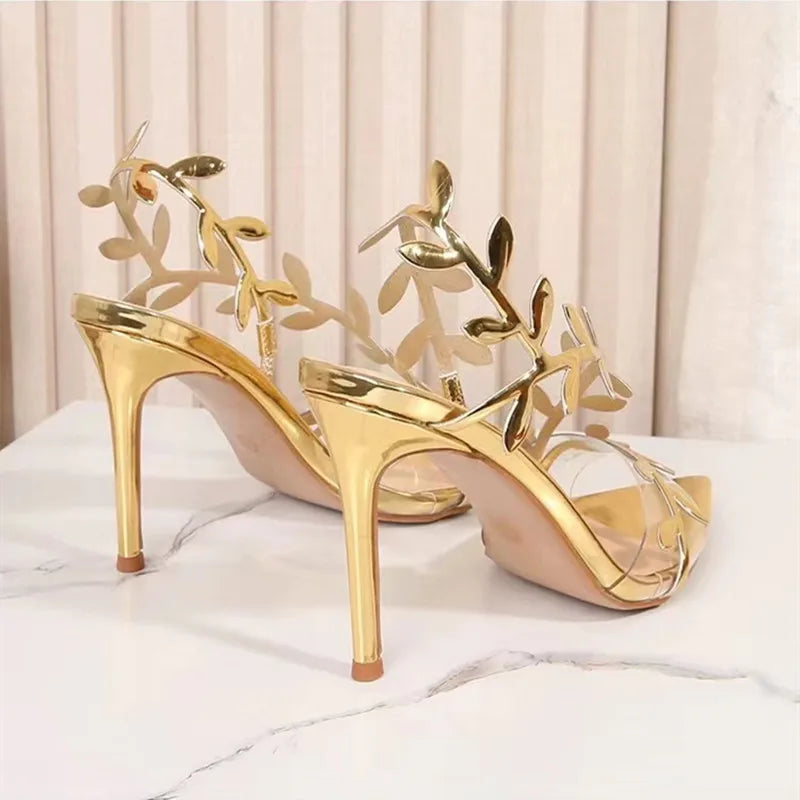 2026 Summer Fashion Patent Leather Gold Leaf Women Sandals Elegant Pointed Toe Thin High Heels Gladiator Sandalias Party Shoes
