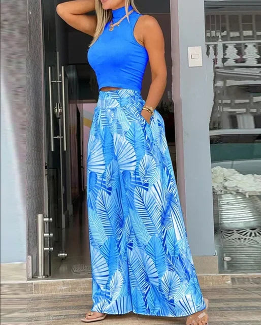 New Women Jumpsuits Loose Wide Leg Pants Overall Pants High Waist Vest Sleeveless Printed Fashion Casual 2024 Female 2 Piece Set