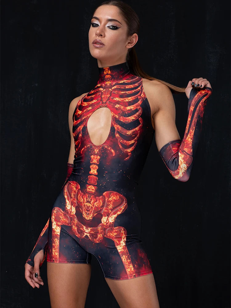Bone Printed Playsuit Women Y2K Jumpsuits High Waist Hollow Out Gloves Bodycon Short Sleeves Rompers Sexy Club Bodysuits Female