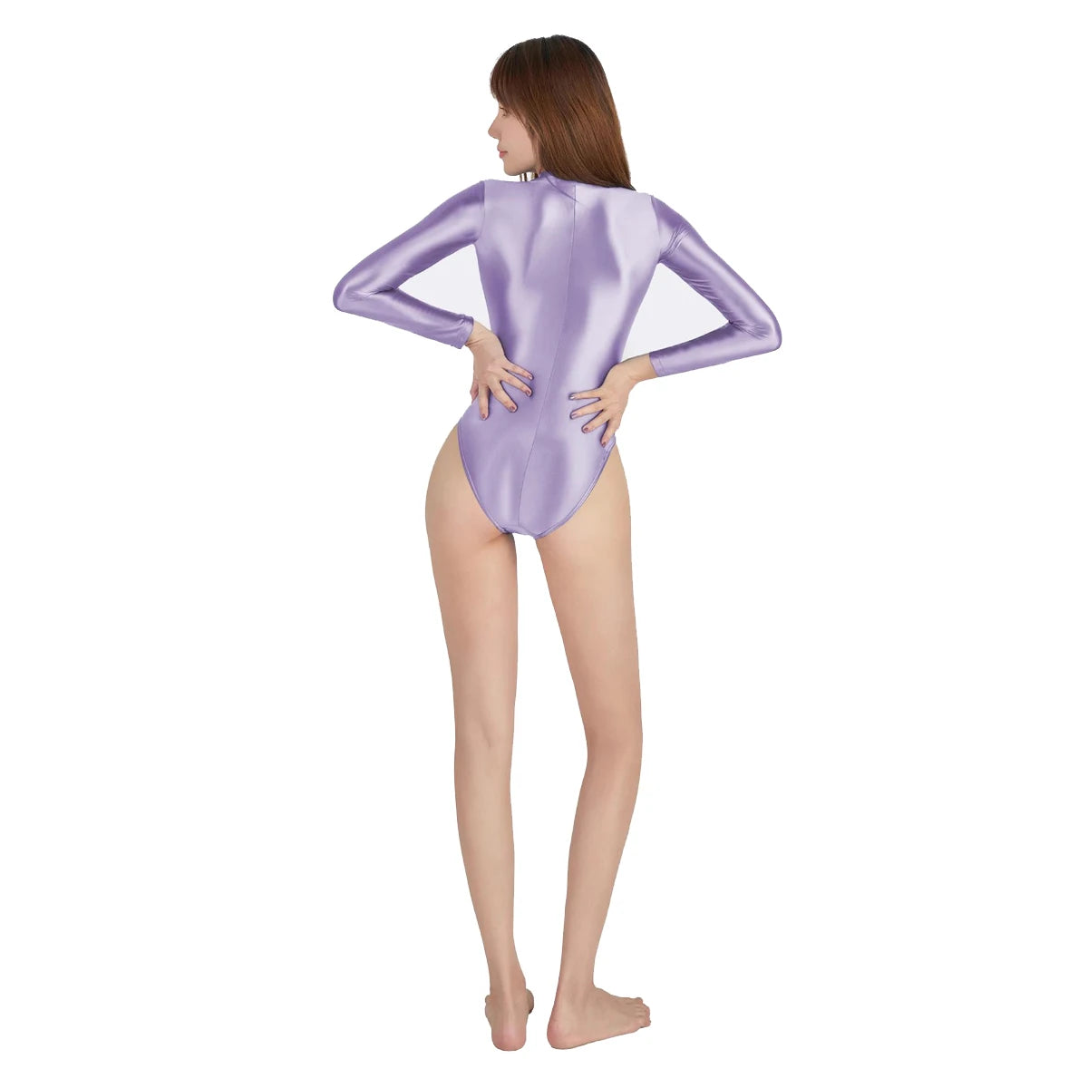 AMORESY Women Glossy Smooth Untra-thin Long-sleeve High Cut Swimsuits One-piece Stretch Tights Swimwears Leotards Bathing Suits