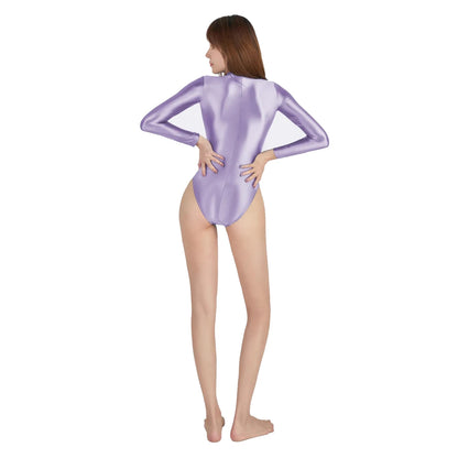 AMORESY Women Glossy Smooth Untra-thin Long-sleeve High Cut Swimsuits One-piece Stretch Tights Swimwears Leotards Bathing Suits