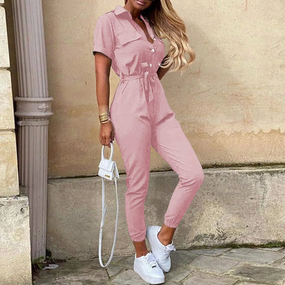 2025 New Women's Jumpsuit Casual Workwear Summer Romper with Print Button-up Lapel Waist Belt Slim Fit One Piece Pants Set Fashi