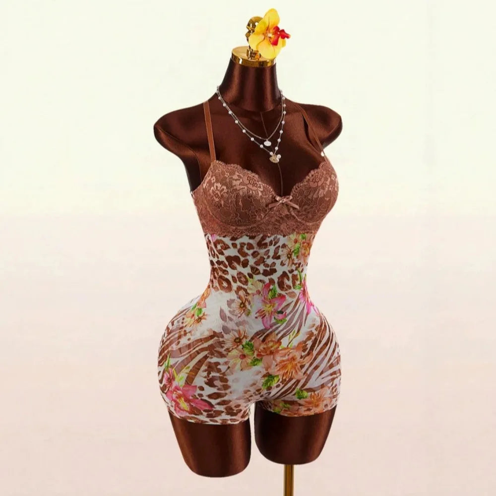 HLJ&GG Vintage Flowers Print Mesh Spaghetti Strap Bodycon One Piece Rompers Women V Neck Sleeveless Jumpsuits Fashion Overalls