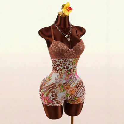 HLJ&GG Vintage Flowers Print Mesh Spaghetti Strap Bodycon One Piece Rompers Women V Neck Sleeveless Jumpsuits Fashion Overalls