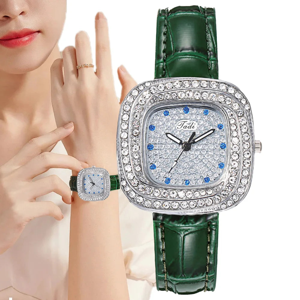 Women's 2025 New Luxury Full Star Diamonds Square Quartz Watch Business Women's Green Leather Casual Dress Clock Wristwatch