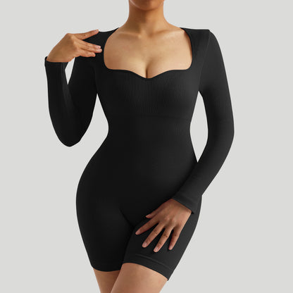 Women Jumpsuits Workout Seamless Yoga Ribbed Bodycon One Piece Sportwears Long Sleeve Short Leggings Romper Jumpsuit Femme