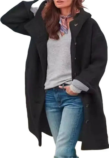 Manteaux Femme Winter Warm Woolen Coat Solid Color Manteau Femme Hooded Fashion Womans Clothing Single-breasted Hooded Long Coat