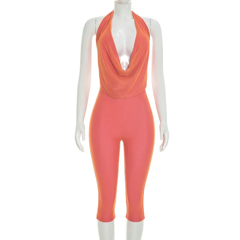 Joskaa Sexy Patchwork 2 Piece Set Women Cowl Neck Halter Backless Tie-Up Crop Top+High Waist Capri Pants Matching Party Clubwear