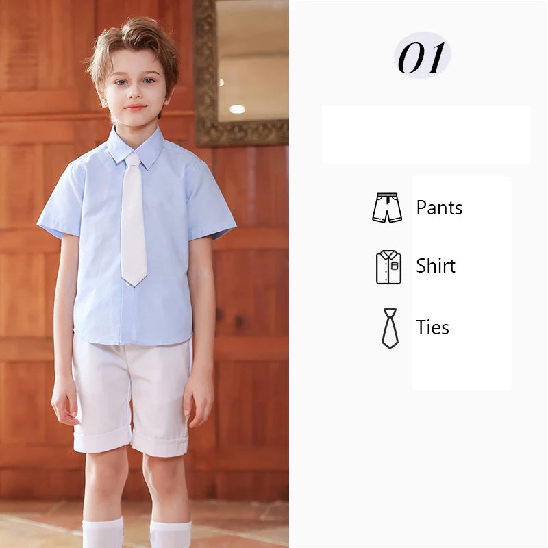 Children Summer Kindergarten School Uniforms Girls Pleated Skirts JK Suit Boys Shirt Shorts Bowtie Wedding Performance Costume