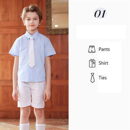 Children Summer Kindergarten School Uniforms Girls Pleated Skirts JK Suit Boys Shirt Shorts Bowtie Wedding Performance Costume