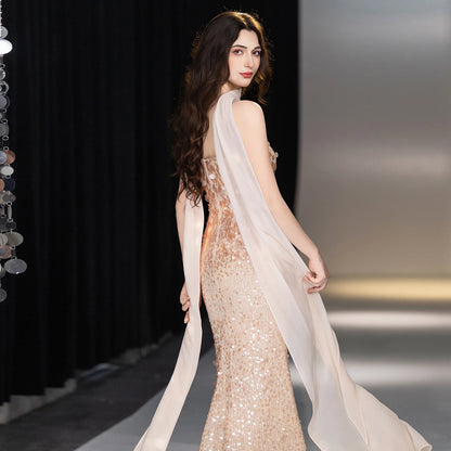 Champagne Rhinestone Spaghetti Strap Mermaid Evening Dress Big Sequins Chiffon Cape Neck Scarf Midi Wedding Guest Gown
