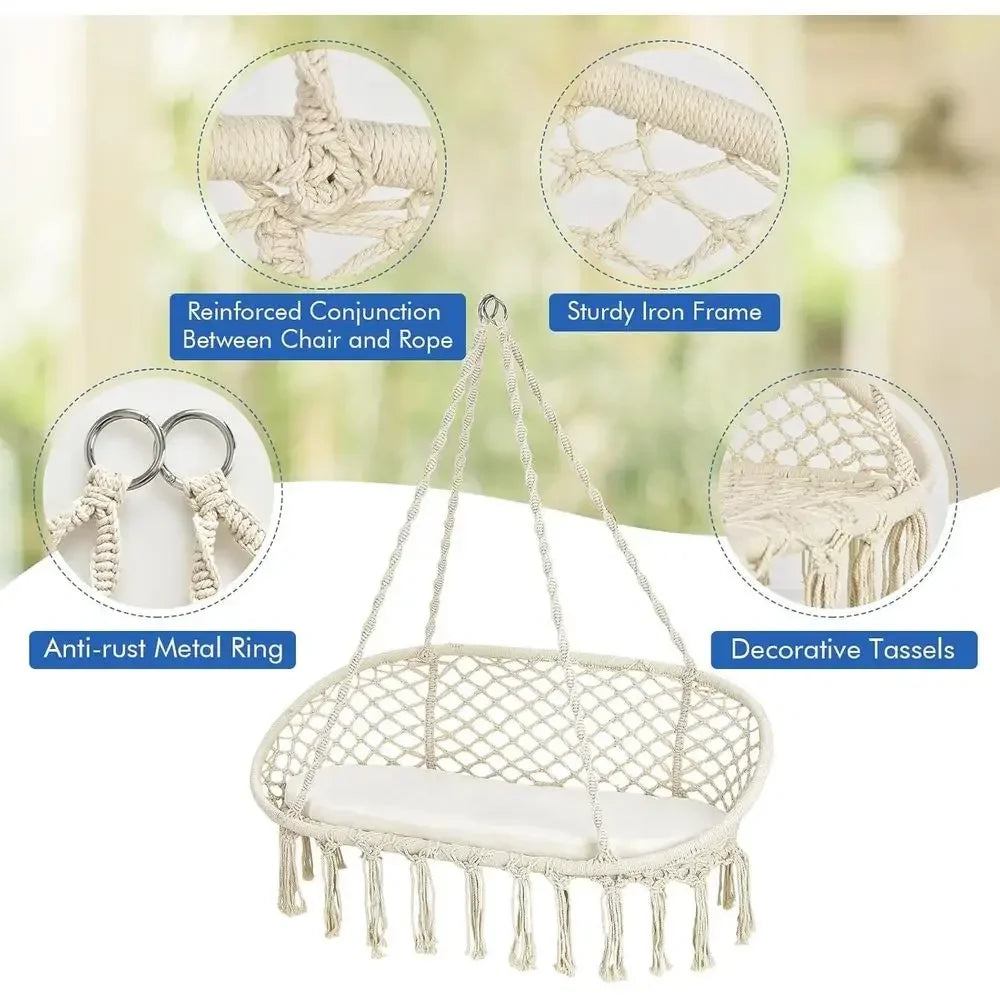 2-Seat Hammock Chair with Cushion, Cotton Ropes, and Metal Stand,440 lbs, Ideal for Indoor or Outdoor Swinging