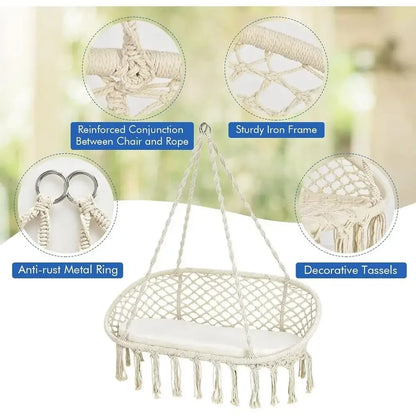 2-Seat Hammock Chair with Cushion, Cotton Ropes, and Metal Stand,440 lbs, Ideal for Indoor or Outdoor Swinging