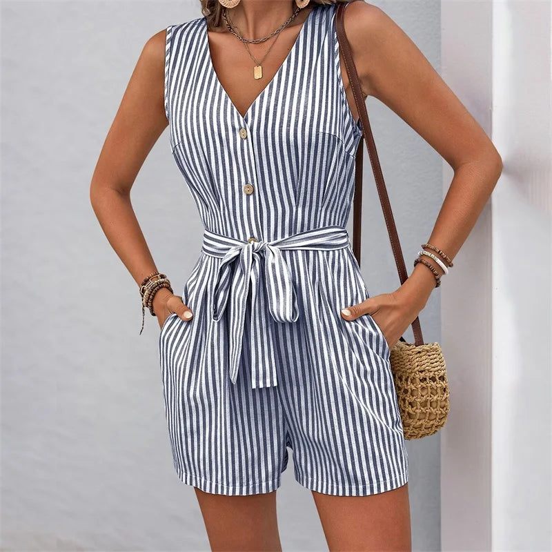 Women Rompers Solid Jumpsuits Striped Lace-Up Button V Neck Sleeveless Waist Mini Length Pants Shorts Casual One-piece Playsuit