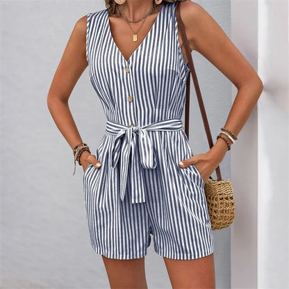 Women Rompers Solid Jumpsuits Striped Lace-Up Button V Neck Sleeveless Waist Mini Length Pants Shorts Casual One-piece Playsuit
