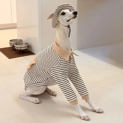 Dog Clothes in Spring Khaki Strips Polo Shirt with Pocket for Italy Greyhound Soft Long Sleeves Cotton Coat Hat Suit for Whippet