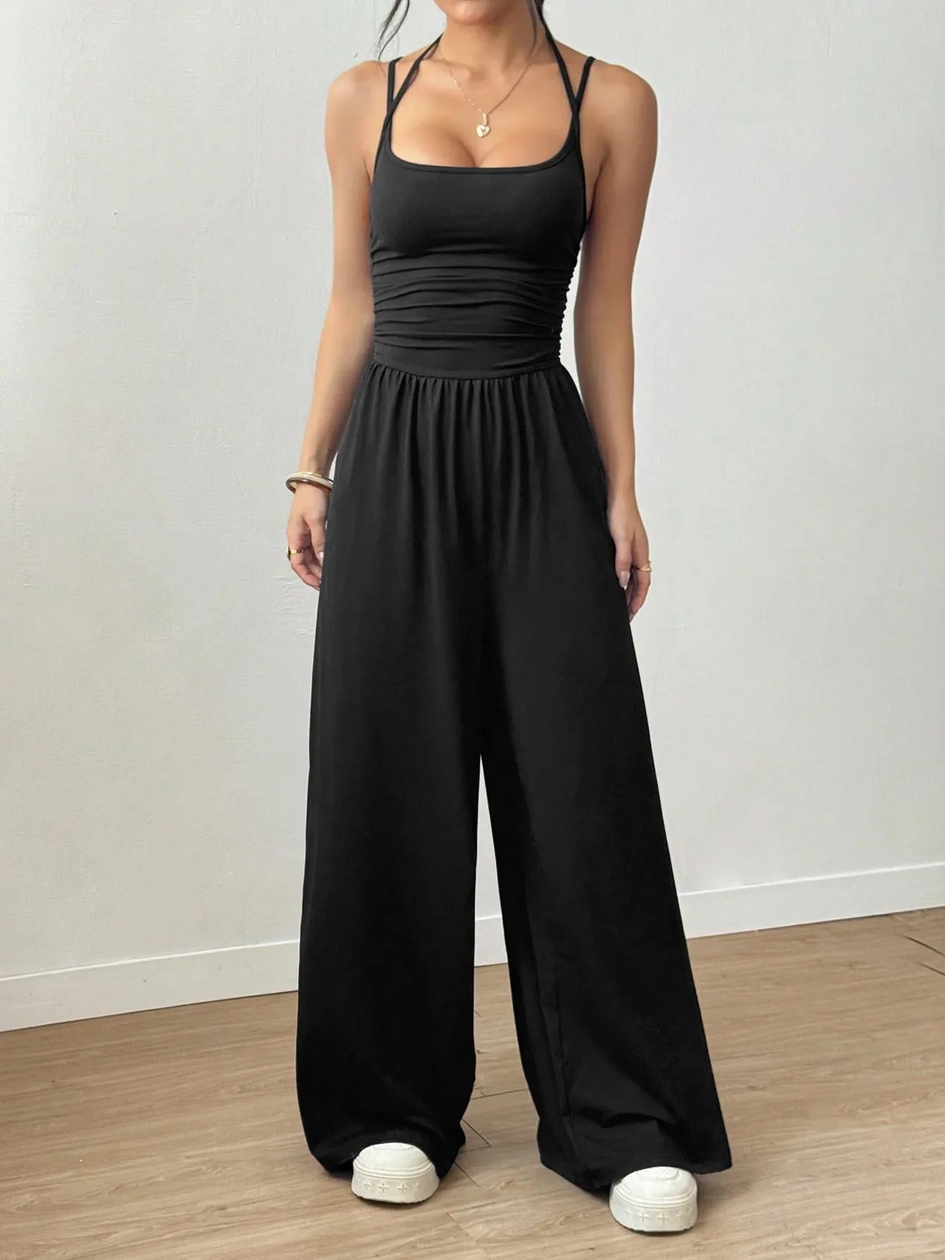 Women Halter Spaghetti Strap Jumpsuits Summer Casual Elastic High Waist Backless Wide Leg Long Pants Romper Club Party Overalls