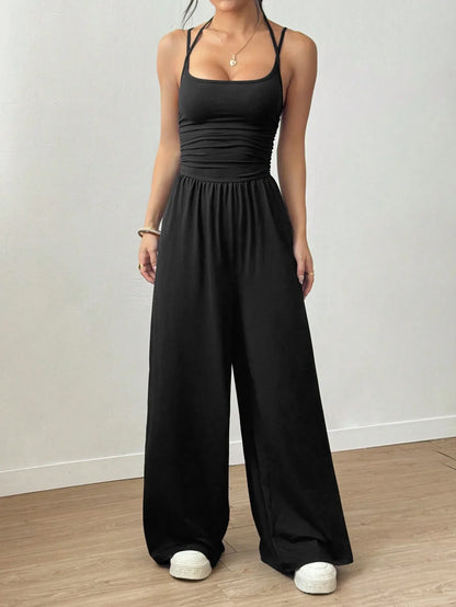 Women Halter Spaghetti Strap Jumpsuits Summer Casual Elastic High Waist Backless Wide Leg Long Pants Romper Club Party Overalls
