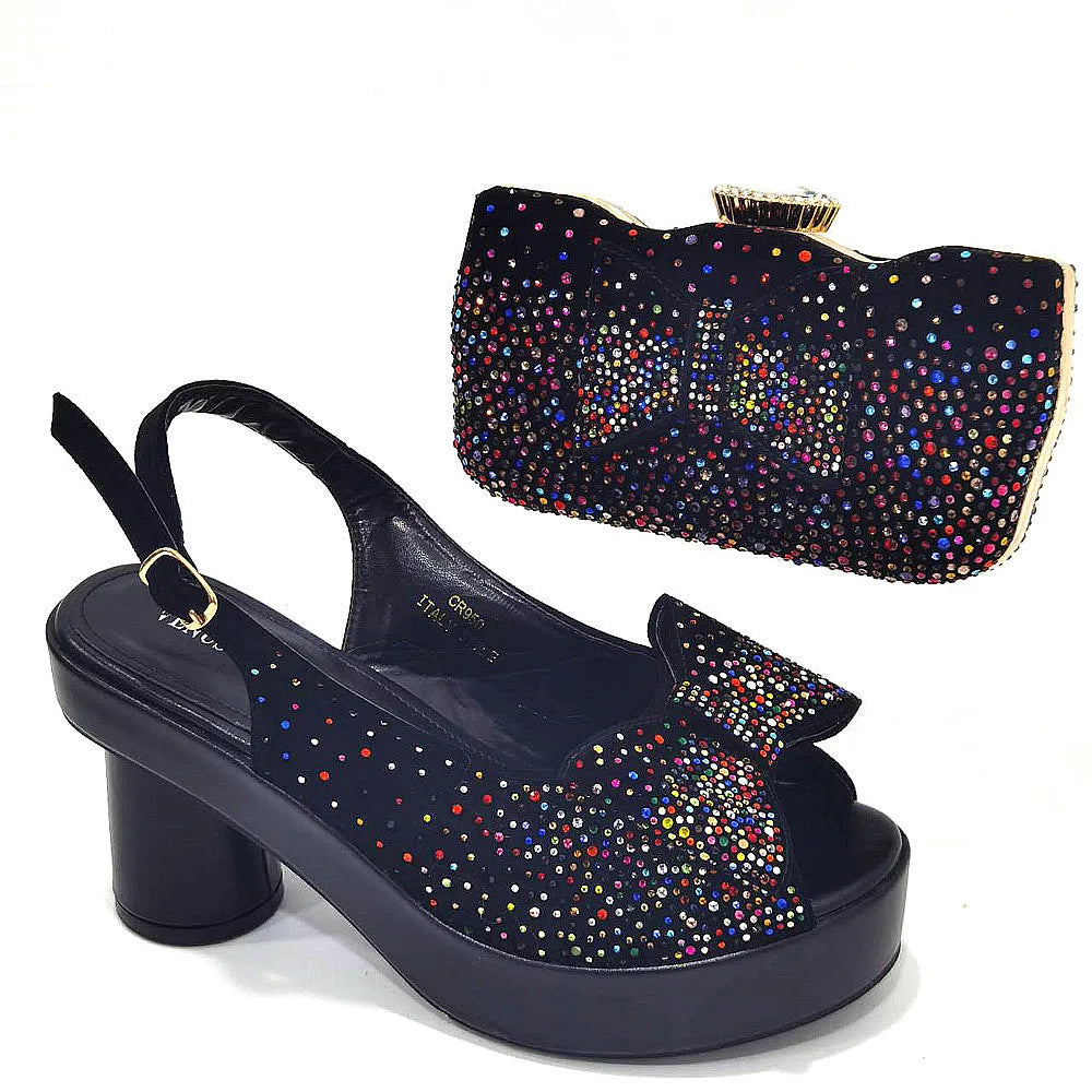 2024 Silver Fashion Square Heels with Platform African Women Shoes and Bag Set Full Crystal Pumps for Wedding Party