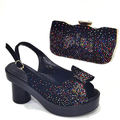 2024 Silver Fashion Square Heels with Platform African Women Shoes and Bag Set Full Crystal Pumps for Wedding Party