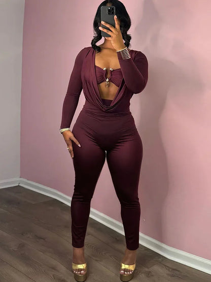 Sisterlinda Swinging Neck Slim Jumpsuits Sexy Hot Solid Cleavage Full Sleeve Elastic Overalls+Inside Chest Tanks Mujer Clubwear