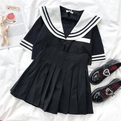 Japanese New Sailor Suit White and Navy Summer Women Student JK Uniform Suit College Style Girls Short Top Pleated Skirt Sets