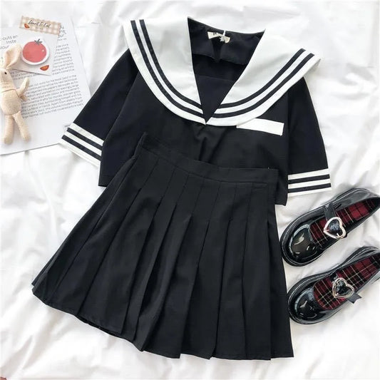 Japanese New Sailor Suit White and Navy Summer Women Student JK Uniform Suit College Style Girls Short Top Pleated Skirt Sets