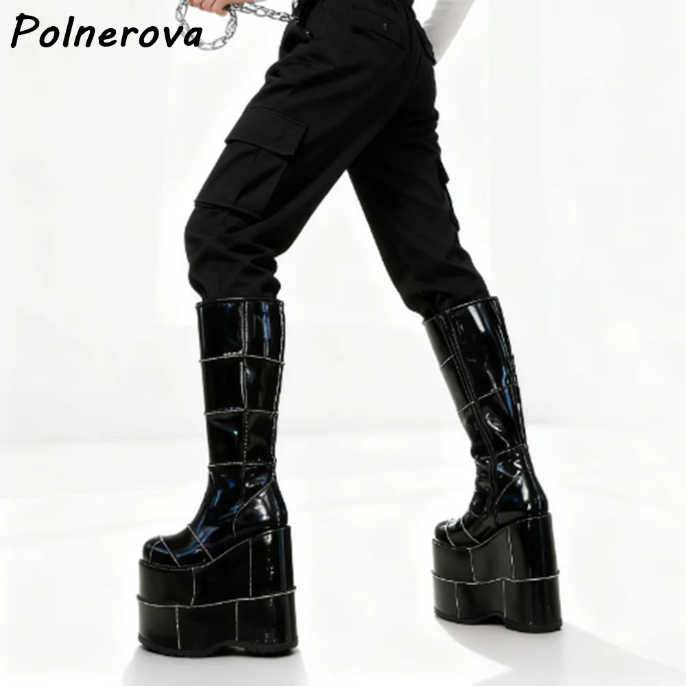 Double Platform Knee High Boots Rainbow Patchwork Round Toe Thick Soled Women's Shoes Women's Fashion Sexy Leather Winter Boots