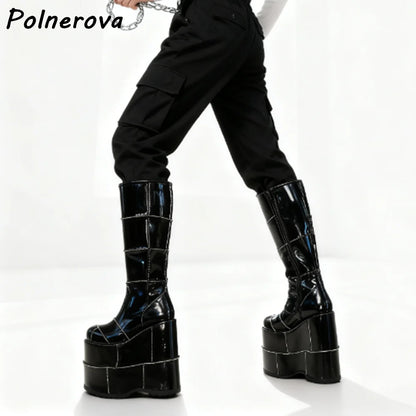 Double Platform Knee High Boots Rainbow Patchwork Round Toe Thick Soled Women's Shoes Women's Fashion Sexy Leather Winter Boots
