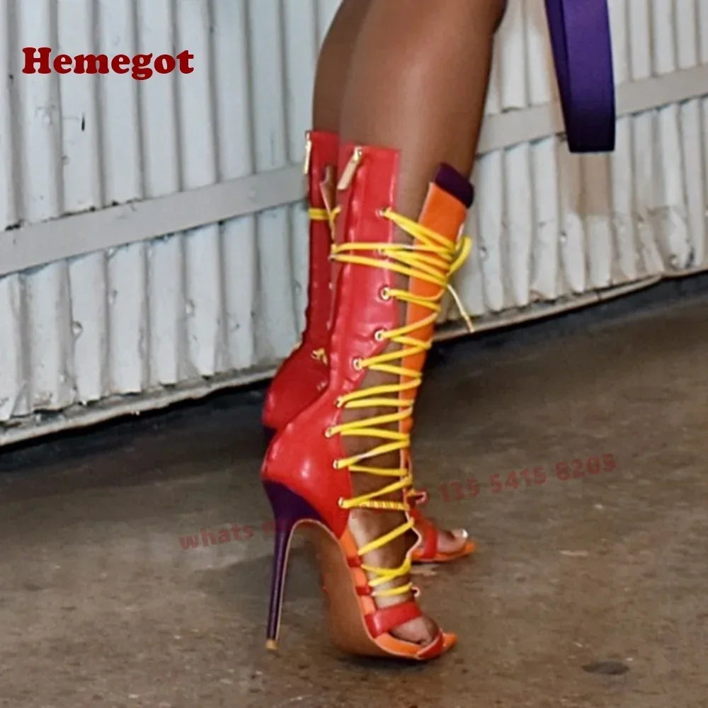 Gladiator Open Toe Stiletto Heels Straps Women's Sandals Splicing Lace-Up Sandals Hollow Out Multi-Color Summer Party Shoes Sexy