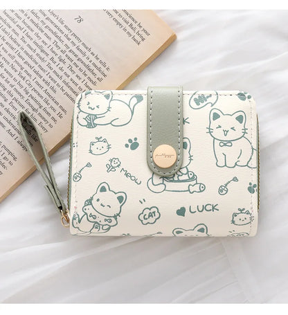 Cute Cat Coin Purse Women Fashion Short Wallet PU Leather Large Capacity Wallet Lightweight ID Card Holder Travel Cash Coin Bag