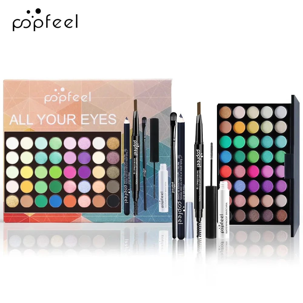 Essential Eye Makeup Set for Beginners Matte&Shimmer Eyeshadow Palette, Mascara, Eyebrow Pencil, Lip Eyeliner,Brush Tool Set Box