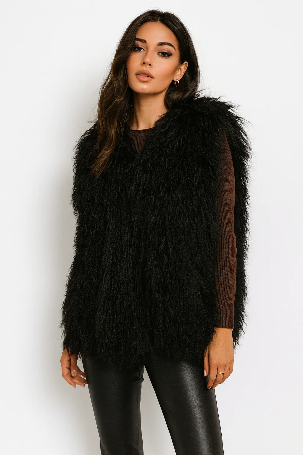 Lady Real Mongolian Sheep Fur Vest Thick Warm Winter Sleeveless Jacket Length 62 cm 250801