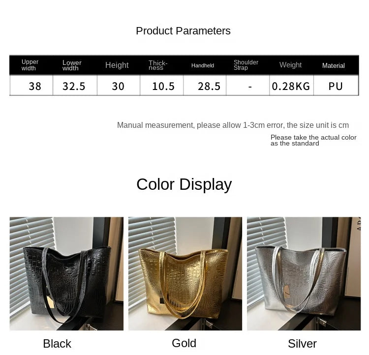 Fashion Casual Women Shoulder Bags Silver Gold Black Crocodile Handbag PU Leather Female Big Tote Bag Ladies Hand Bags Sac