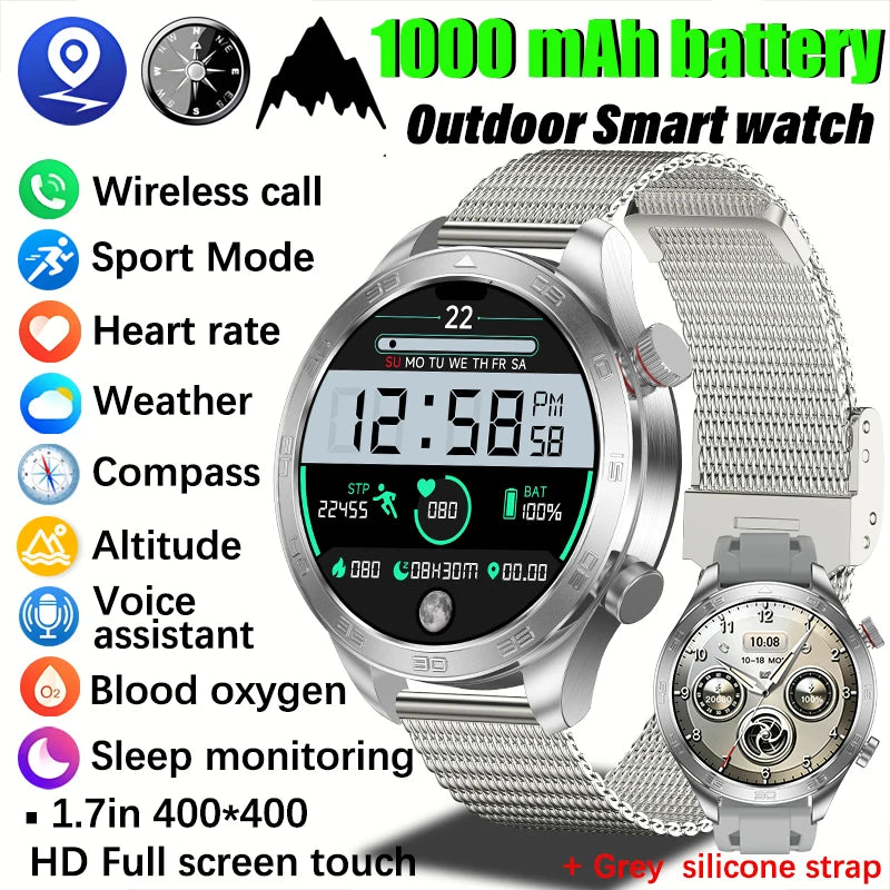 2026 new business men's smart watch 1000 mAh battery with compass altitude pressure IPX8 waterproof call sports health watch