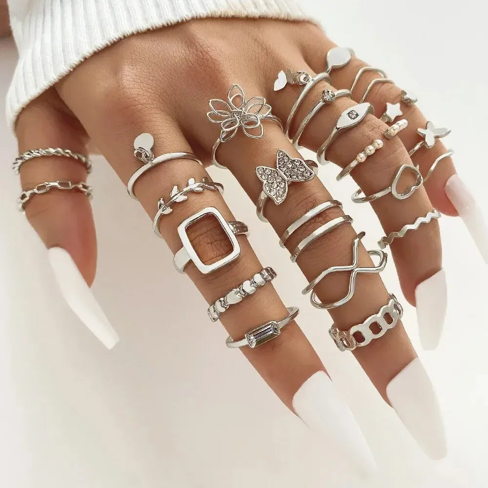 Boho Gold Color Rings Set For Women Fashion Cubic Zircon Heart Star Moon Flower Finger Rings Female Simple Trendy Jewelry Gifts