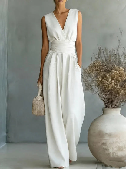 Women Elegant Linen V Neck Short Sleeve Jumpsuit Waist Cinched Wide Leg Long Pants Rompers with Pockets Casual Ladies Overalls