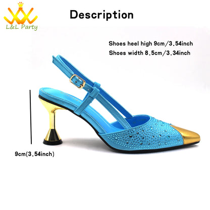Sky Blue Color High Quality New Arrivals 2024 Italian Desing African Women Shoes and Bag Set Sweet Style Super Heels for Wedding