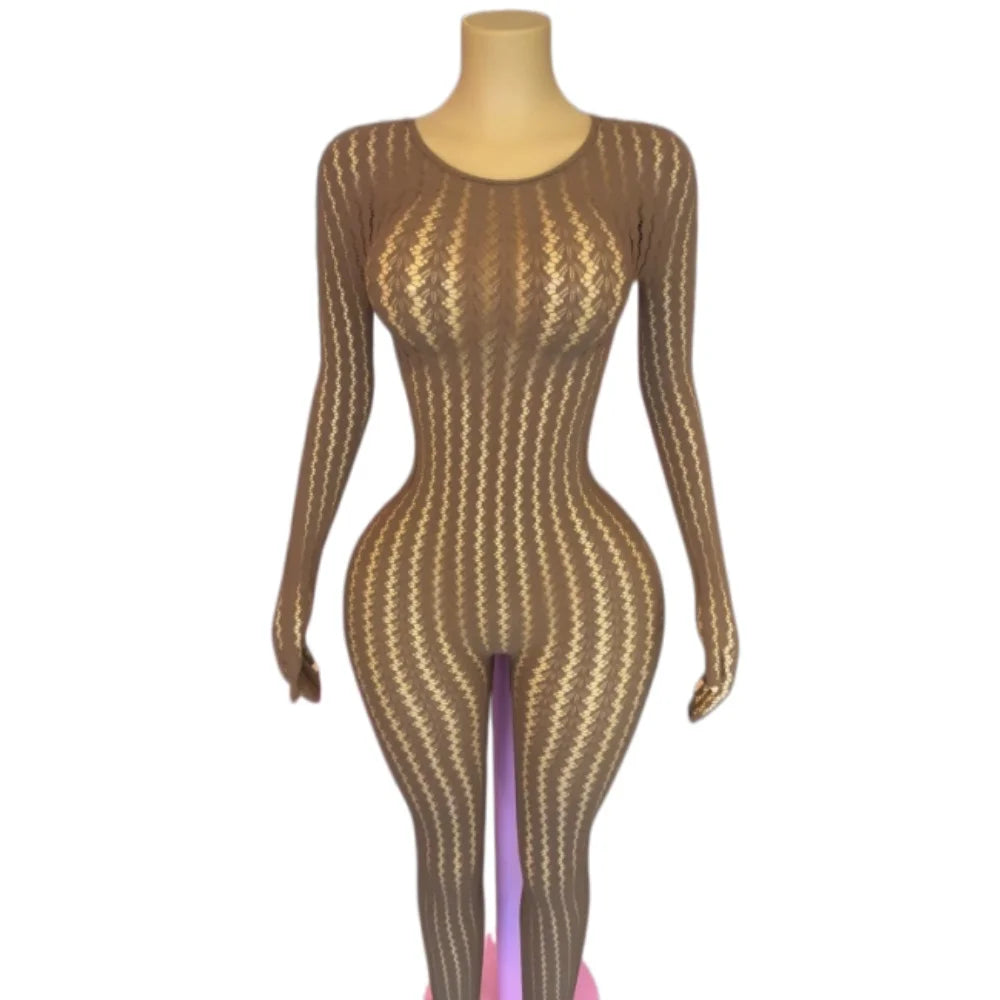FAGADOER Women Sexy Mesh Lace Jumpsuits Fashion Long Sleeves Round Neck Vertical Striped Sheer Bodycon Rompers Summer Playsuits