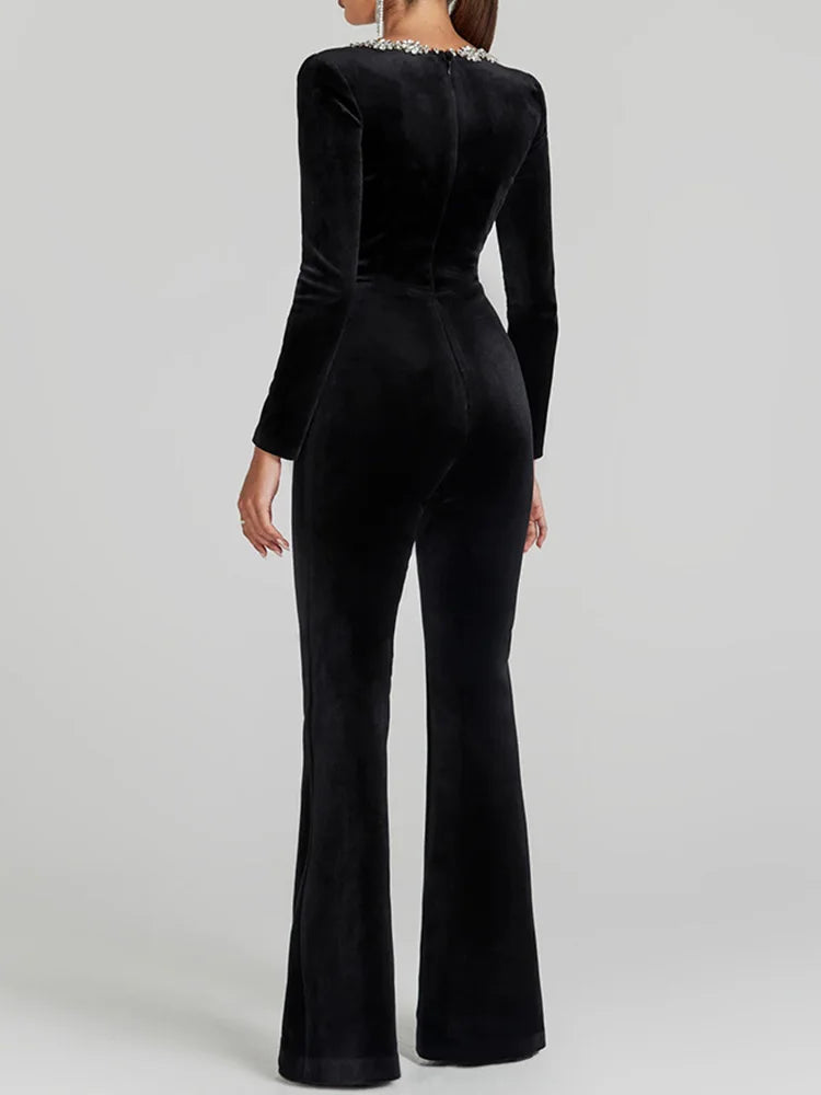 Women Spring Holiday Slim Fit Long Sleeve Velvet Jumpsuits Solid Square Collar Elegant Flare Pants Casual Ladies Playsuits 2025