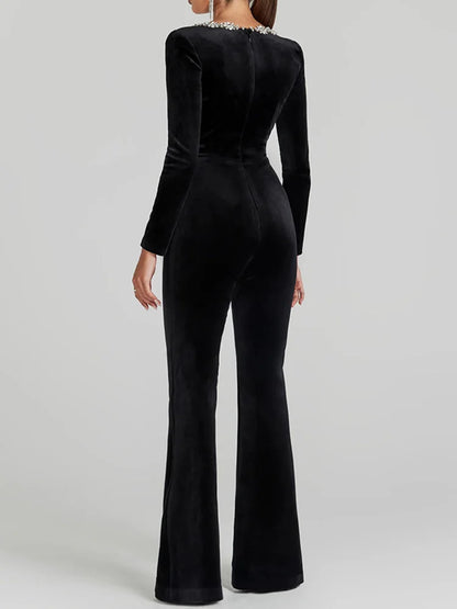 Women Spring Holiday Slim Fit Long Sleeve Velvet Jumpsuits Solid Square Collar Elegant Flare Pants Casual Ladies Playsuits 2025